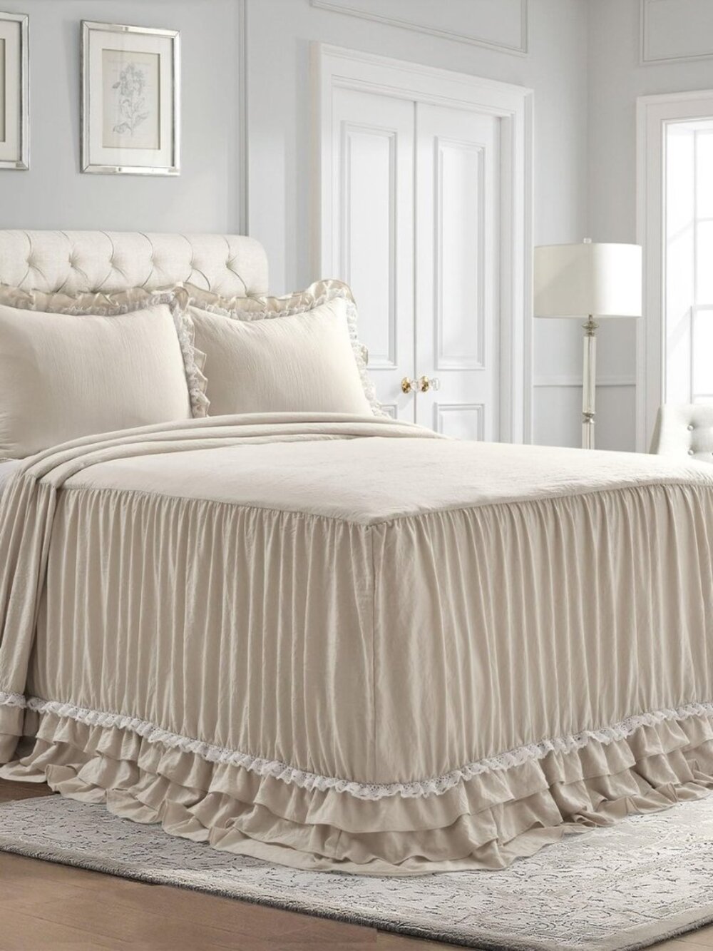 Ella Ruffle Lace Bedspread, 3 Piece Set, Queen, Neutral - Cute Bed Set - Queen